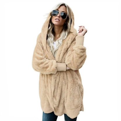 Women’s Double-Fleece Hooded Cardigan Jacket – Solid Color Plush Warm Coat with Long Sleeves, Oversized Autumn & Winter Outerwear