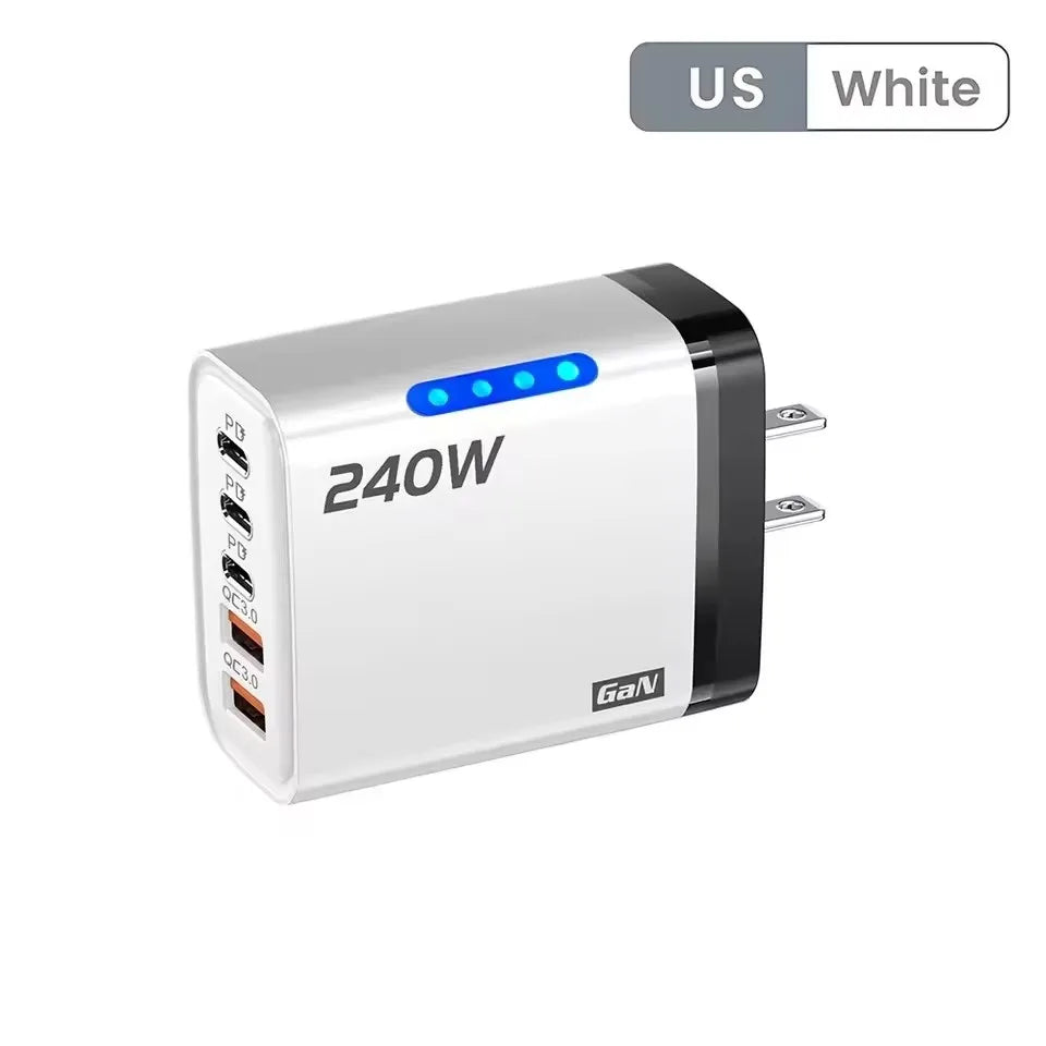 5-in-1 240W GaN Desktop Charger – 3PD + 2USB Fast Charging Adapter with 10A USB-C Cable for iPhone 17/16 Pro, Samsung & Laptops