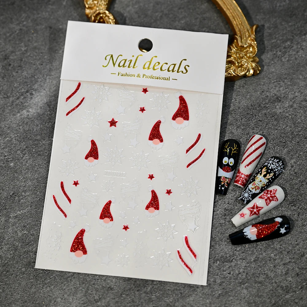 Christmas Nail Art Stickers – Red Glitter Snowflake, Elk & Snowman Self-Adhesive Holiday Manicure Decals (1–12pcs)