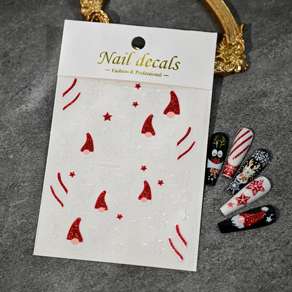 Christmas Nail Art Stickers – Red Glitter Snowflake, Elk & Snowman Self-Adhesive Holiday Manicure Decals (1–12pcs)