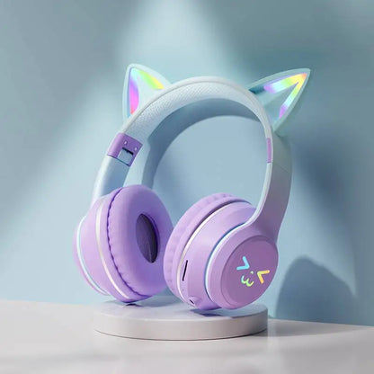 Gradient RGB Cat Ear Wireless Bluetooth Headphones – Cute Stereo Music Gaming Headset with Microphone for Girls & Kids, Fun Gift for Children