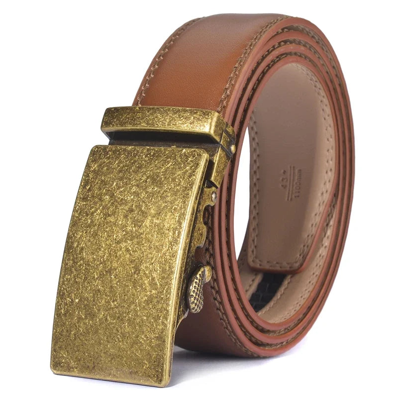 Plyesxale Men's Brown Leather Belt 2026 – Automatic Buckle Vintage Belt for Jeans, Luxury-Style Casual Waist Strap, Ceinture Homme B9