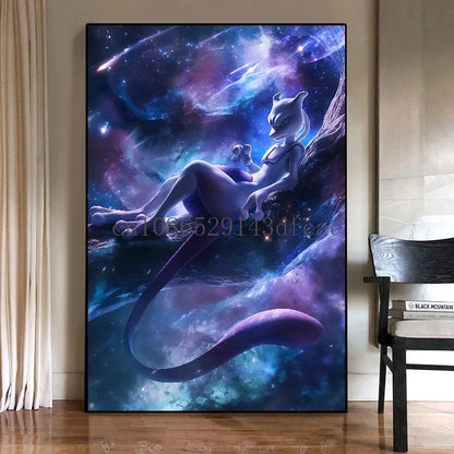 Pokémon Mewtwo HD Canvas Wall Art – Anime Watercolor Poster Print Modern Home Decor