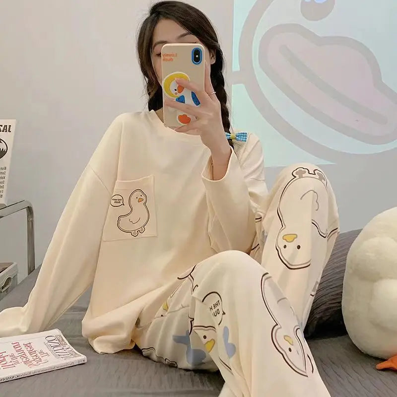 Women's Spring & Fall Pajama Set – Cute Cartoon Long-Sleeve Lightweight Sleepwear for Girls, Students & Homewear