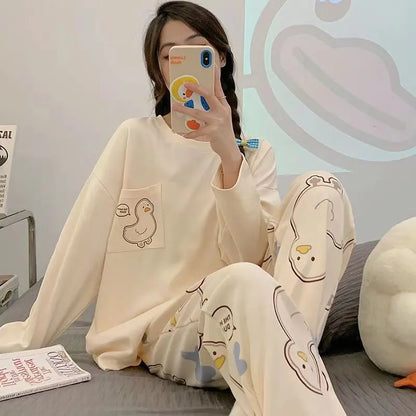 Women's Spring & Fall Pajama Set – Cute Cartoon Long-Sleeve Lightweight Sleepwear for Girls, Students & Homewear