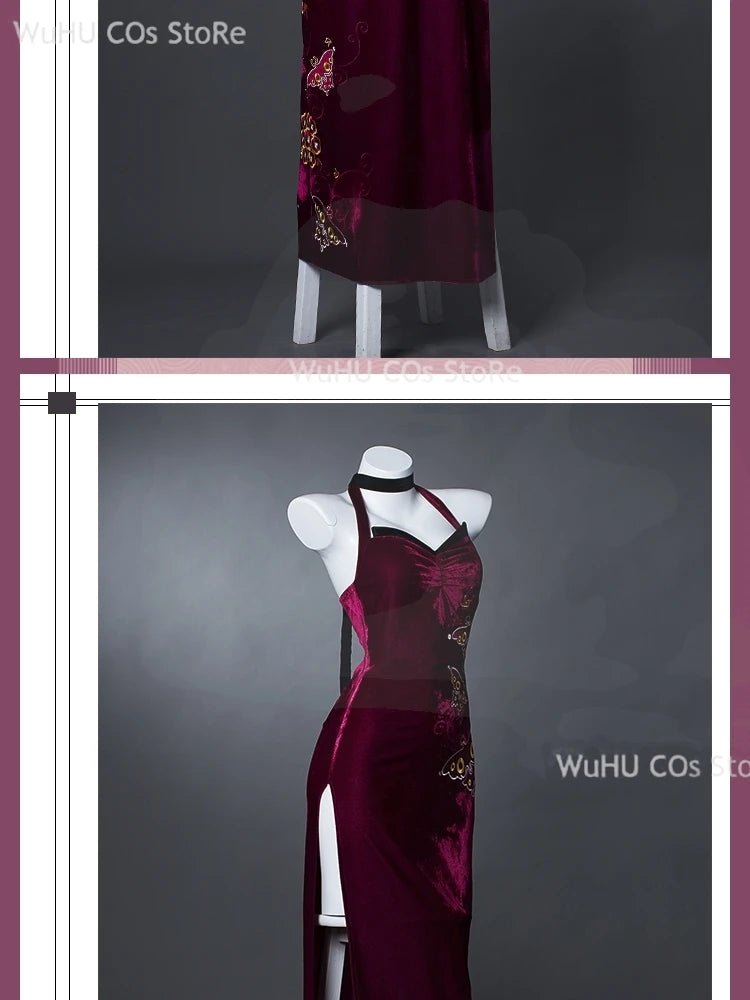 Resident Evil 4 Ada Wong Cosplay Costume | Red Cheongsam Embroidery Dress with Wig | Halloween Carnival & Anime Roleplay Suit for Women