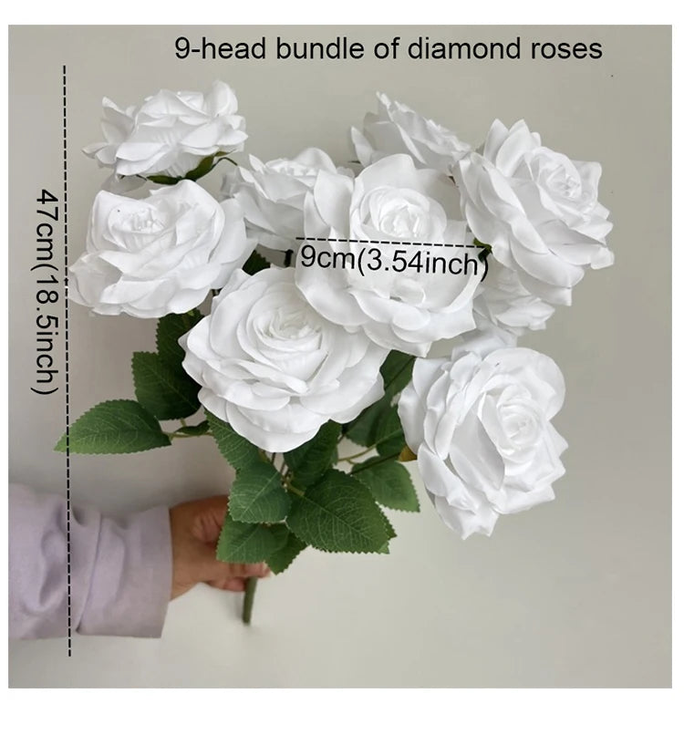 Ramo de rosas de diamantes de 9 cabezas – Rosas artificiales sintéticas con detalles de diamantes brillantes, arreglo floral realista para boda, decoración del hogar, sala de estar y regalo