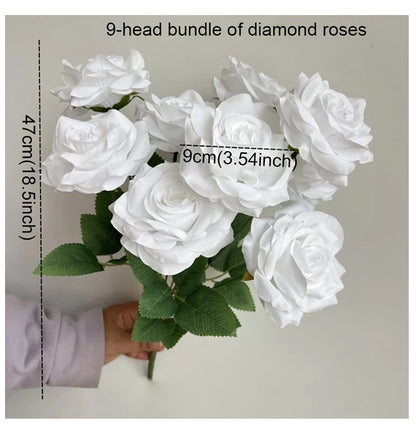Ramo de rosas de diamantes de 9 cabezas – Rosas artificiales sintéticas con detalles de diamantes brillantes, arreglo floral realista para boda, decoración del hogar, sala de estar y regalo
