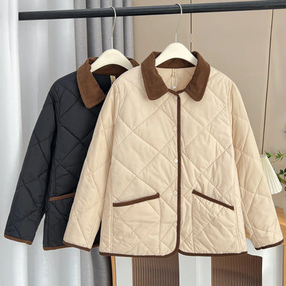 Women’s Cotton-Padded Winter Coat – Casual Warm Parka with Contrast Colors & Lapel Collar, Plus-Size Autumn/Winter Outerwear