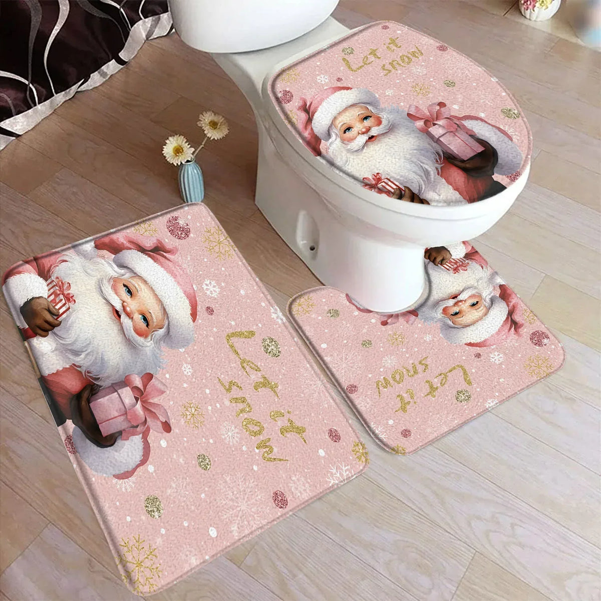 Funny Christmas Bath Mat Set – Cute Snowman, Santa Claus, Red Ball & Xmas Tree Bathroom Rugs with Toilet Lid Cover