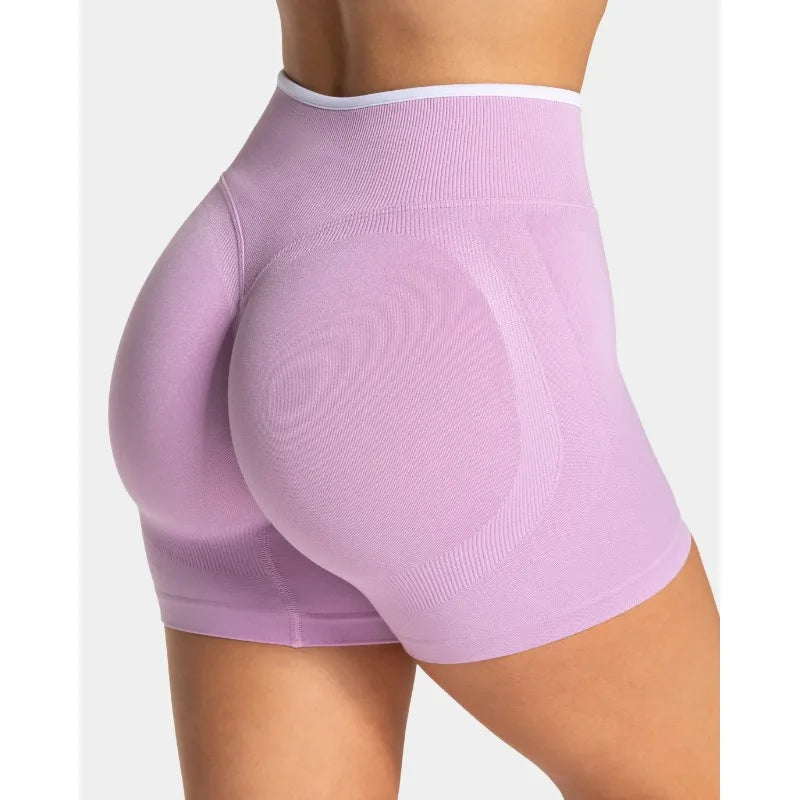Women’s Seamless High Waist Gym Shorts Color Block Hip Lifting Yoga Running Sports Tight Shorts
