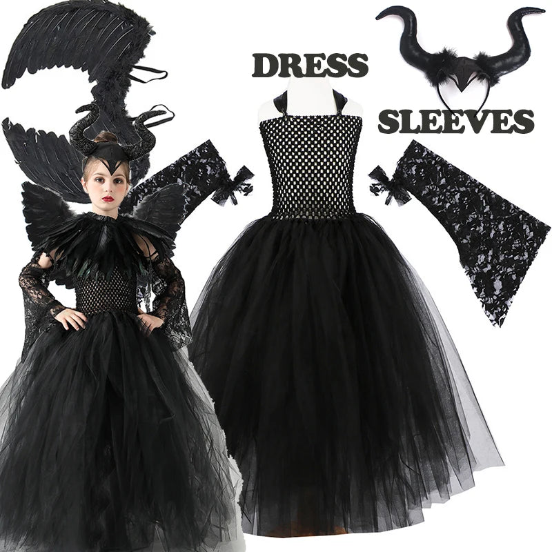 2026 Girls’ Evil Queen Halloween Costume – Black Tulle Mesh Princess Cosplay Dress, Gothic Dress-Up Outfit for Kids’ Halloween Parties