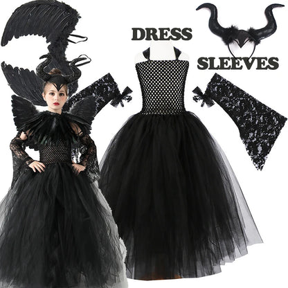 2026 Girls’ Evil Queen Halloween Costume – Black Tulle Mesh Princess Cosplay Dress, Gothic Dress-Up Outfit for Kids’ Halloween Parties