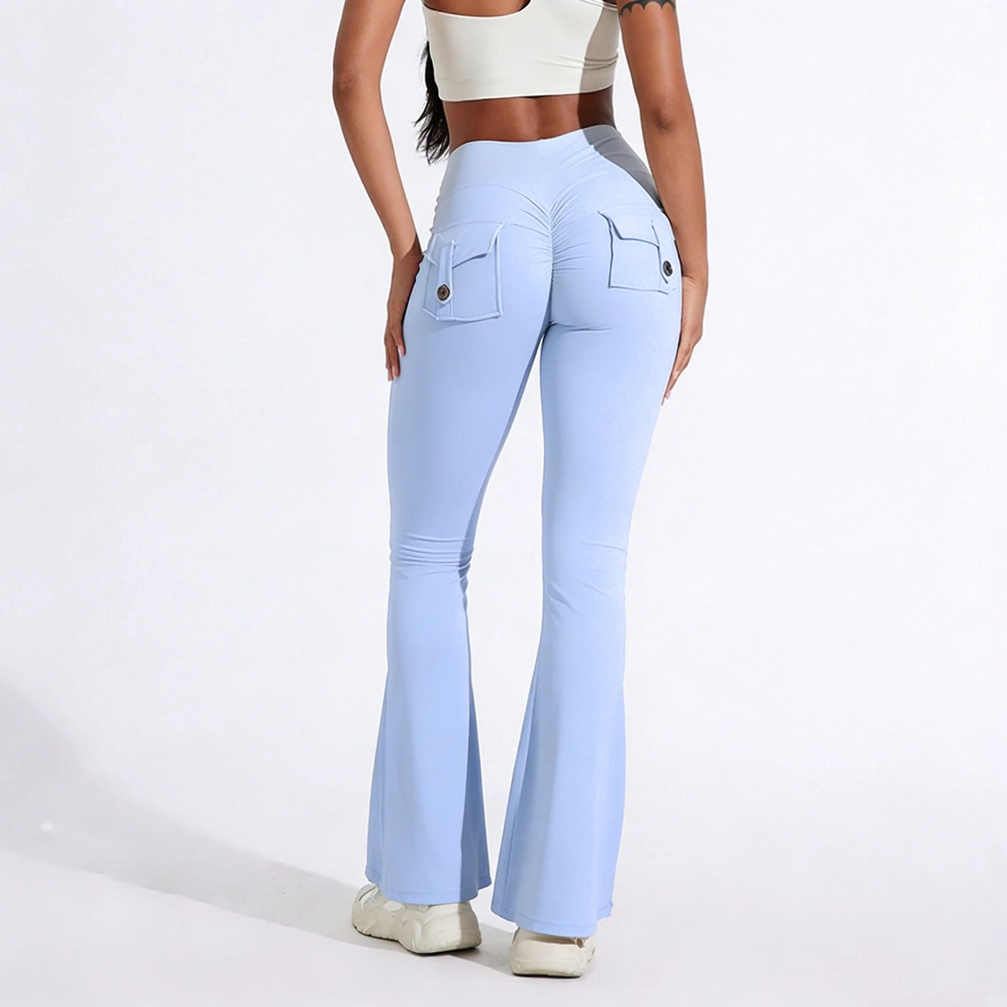 DIAS FIT JOY Pantalon de yoga évasé taille haute pour femme – Legging patte d'éléphant push-up avec poches, pantalon d'entraînement à séchage rapide pour la course, la gym, le fitness et l'exercice