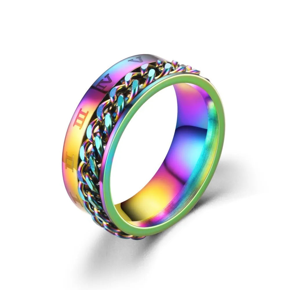 Roman Numeral Spinner Ring – Stainless Steel Chain Rotating Anxiety Fidget Ring for Men | Black Metal Stress Relief Jewelry