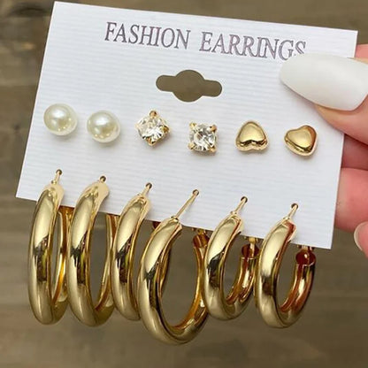 Boucles d'oreilles créoles dorées grand cercle pour femmes, ensemble bohème vintage, perle, cœur, zircon, clous, bijoux cadeau