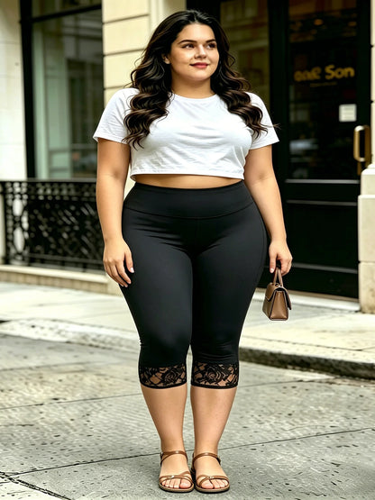 Women's Plus Size Lace Trim Capri Leggings – Stretchy Cropped Tights for Summer, Casual Everyday Pants with Elegant Lace Detail