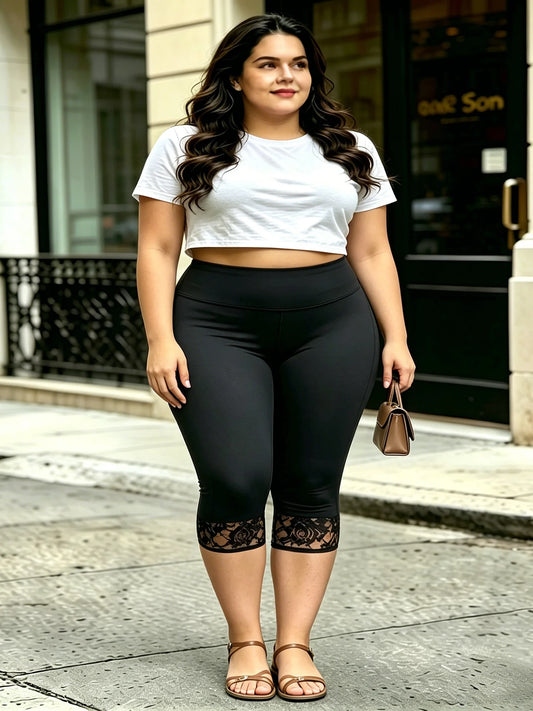 Women's Plus Size Lace Trim Capri Leggings – Stretchy Cropped Tights for Summer, Casual Everyday Pants with Elegant Lace Detail