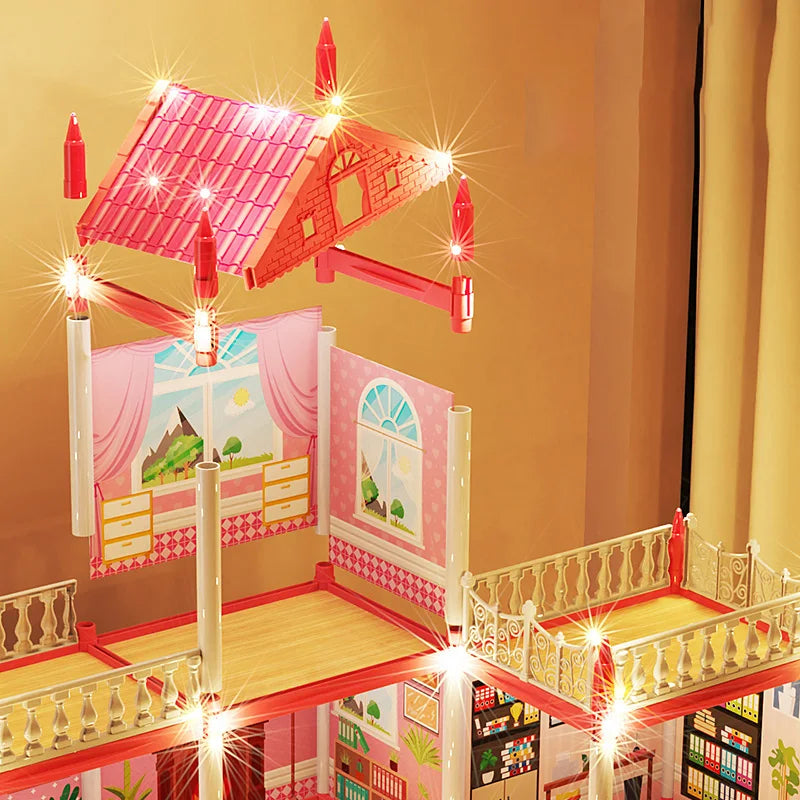 3D DIY Mini Princess Castle Villa Assembly Toy House with LED Lights – Creative Doll House Accessories Set, Girl Birthday Gift