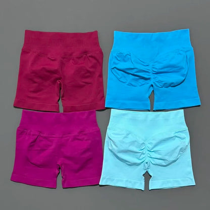HISTELLO Pantalones cortos de yoga sin costuras de 4.5" para mujer – Pantalones cortos deportivos de talle bajo con efecto fruncido para gimnasio, fitness, correr y ropa deportiva
