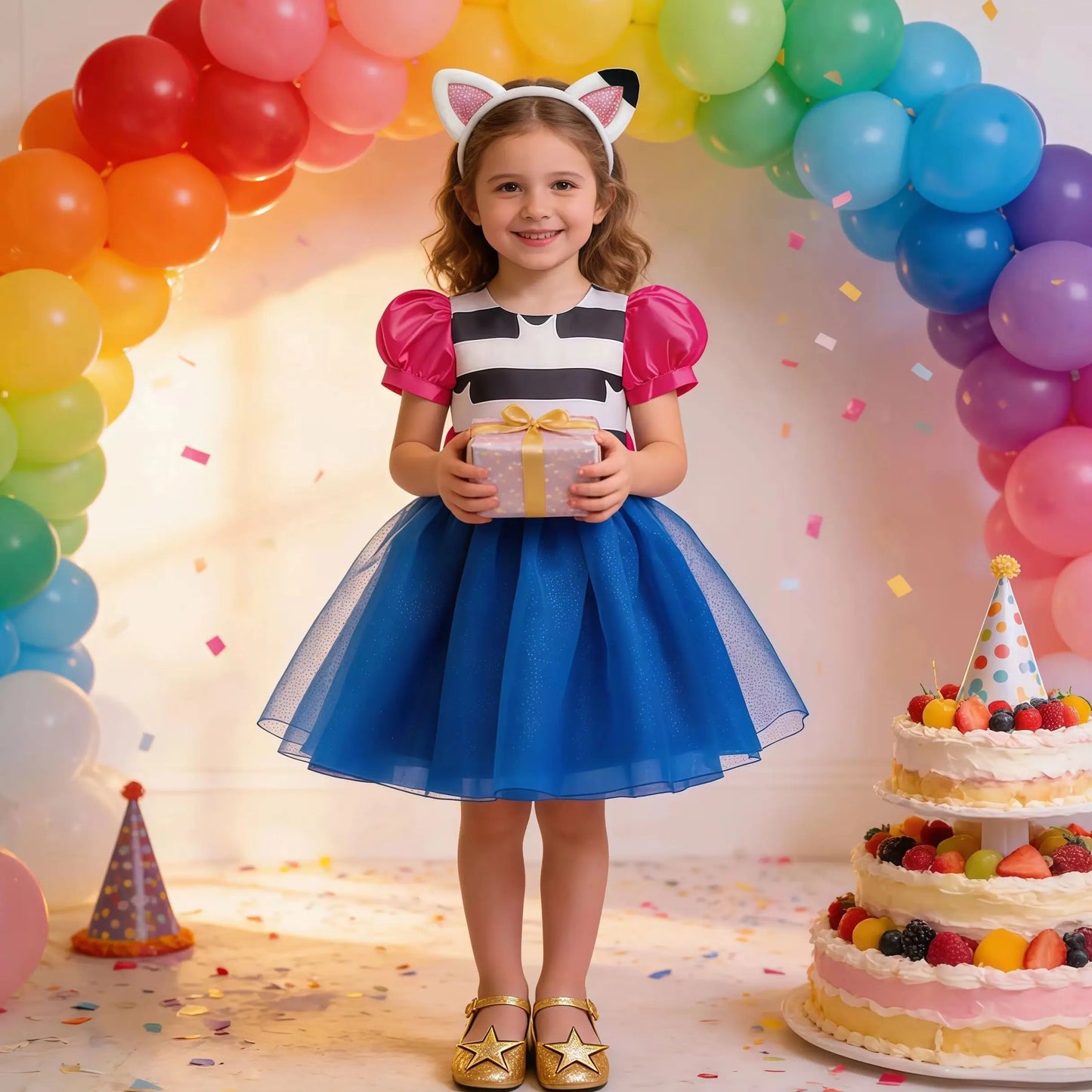 Kids Girls Cartoon Cat Princess Cosplay Dress – Puff Sleeve Bow Tulle Gown for Carnival, Halloween & Birthday Party Outfit