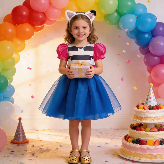 Vestido de Cosplay de Princesa Gato de Dibujos Animados para Niñas – Vestido de Tul con Lazo y Manga Abullonada para Carnaval, Halloween y Fiesta de Cumpleaños