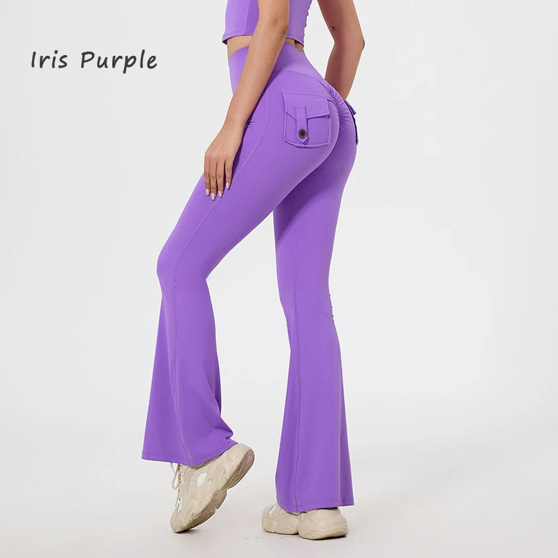 DIAS FIT JOY Pantalon de yoga évasé taille haute pour femme – Legging patte d'éléphant push-up avec poches, pantalon d'entraînement à séchage rapide pour la course, la gym, le fitness et l'exercice