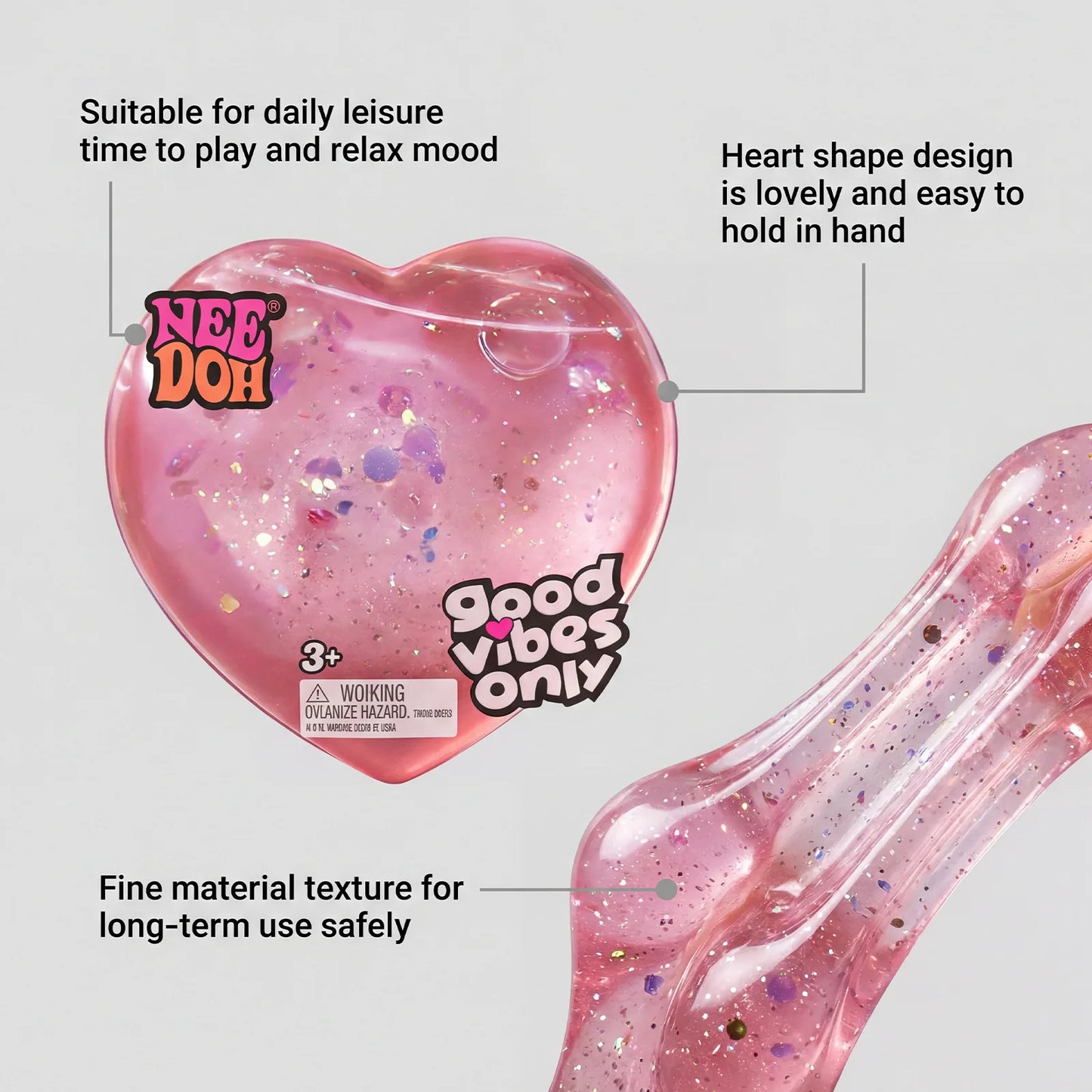 NeeDoh Heart Shaped Squeeze Toy – Glitter Filled Soft TPR Stress Relief Fidget Toy for Kids & Adults, Anxiety Relief Gift