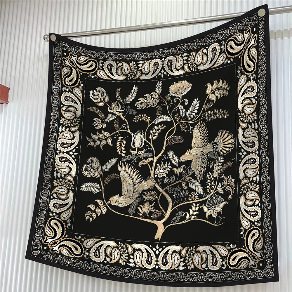 Foulard carré en soie 90 cm pour femme, motif floral, sergé de luxe, bandana, châle, hijab, cache-col, écharpe de tête