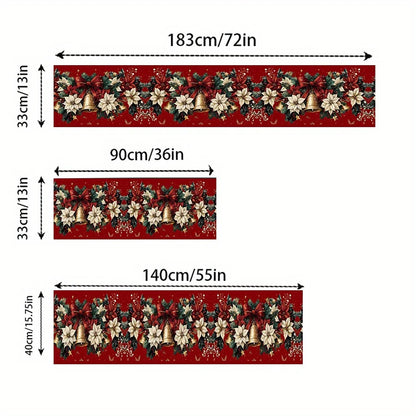 Christmas Poinsettia Table Runner – Winter Xmas Floral Tablecloth with Bells & Berry Design for Kitchen, Dining Table & Home Decor