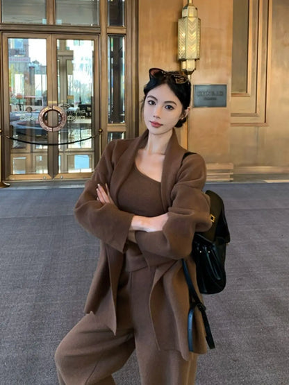 Women’s French Style 3-Piece Knit Sweater Set – Cardigan, Vest & High-Waisted Wide-Leg Pants, Elegant Casual Outfit