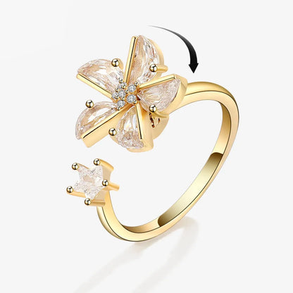 Anillo giratorio antiestrés de mariposa y flor con diamantes de imitación – Anillo giratorio antiansiedad para mujer | Joyería ajustable para aliviar el estrés