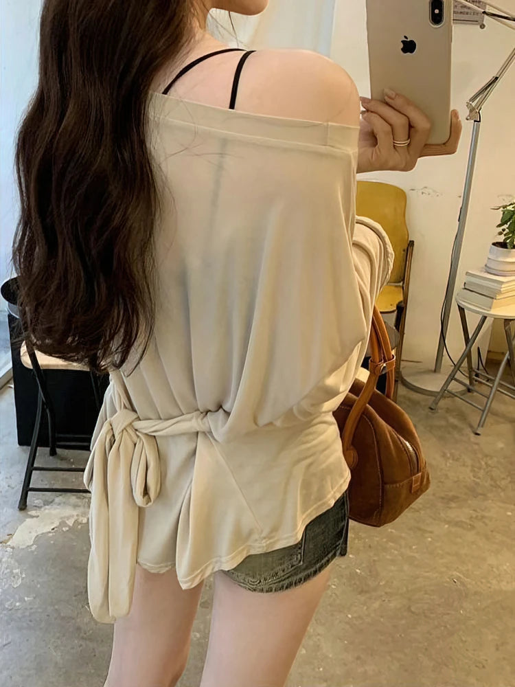 Women’s See Through Long Sleeve Oversize T-Shirt Sexy Back Bandage Off Shoulder Basic Long Tee Korean Chic