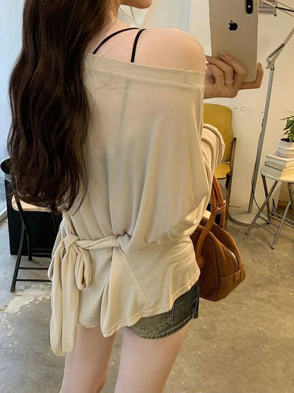 Women’s See Through Long Sleeve Oversize T-Shirt Sexy Back Bandage Off Shoulder Basic Long Tee Korean Chic