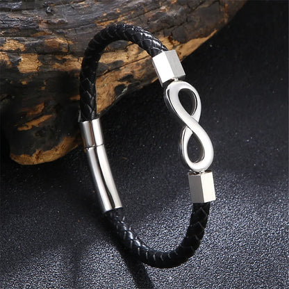 MKENDN Classic No. 8 Infinity Bracelet – Unisex Braided Leather Wristband with 316L Stainless Steel Details, Fashion Jewelry Gift