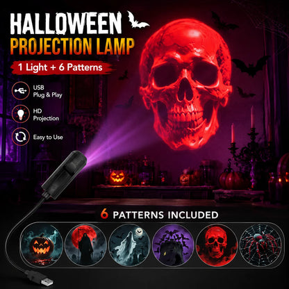 Halloween USB Projection Lamp with 3 or 6 Pattern Slides, LED Ghost Bat Skull Spider Projector Light for Halloween Party, Bedroom, Indoor Holiday Decorations