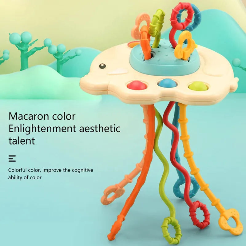 Juguete Sensorial de Silicona Montessori con Cuerda para Bebés – Mordedor Sonajero para Bebés de 6 a 12 Meses