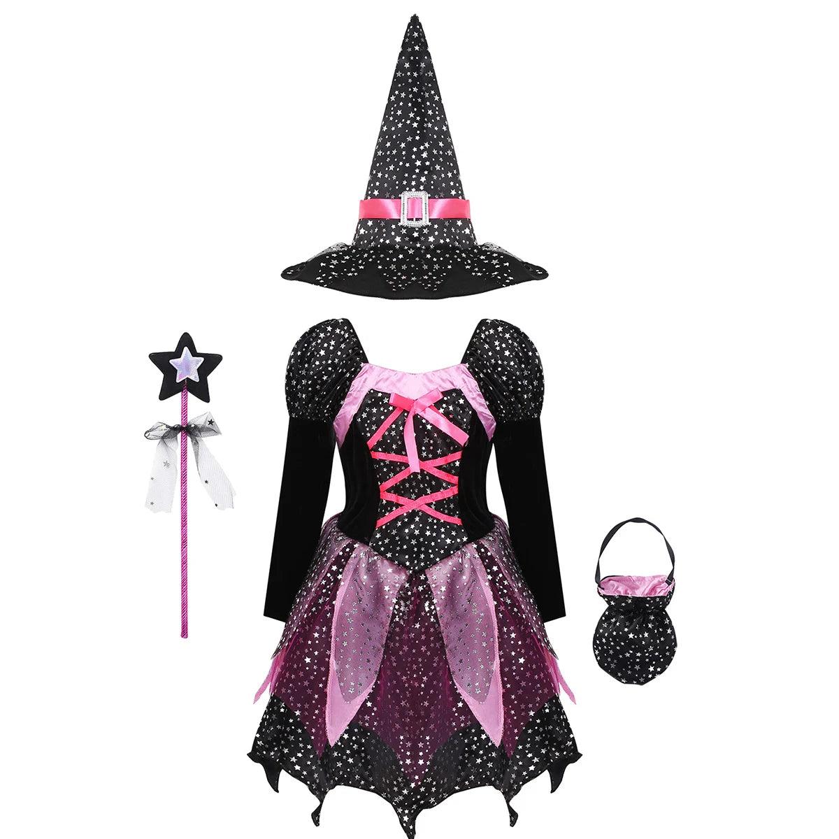 4PCS Girls’ Witch Costume Set – Halloween Dress with Hat, Wand & Bag, Kids Wizard Cosplay Outfit for Parties & Dress-Up