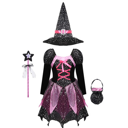 4PCS Girls’ Witch Costume Set – Halloween Dress with Hat, Wand & Bag, Kids Wizard Cosplay Outfit for Parties & Dress-Up