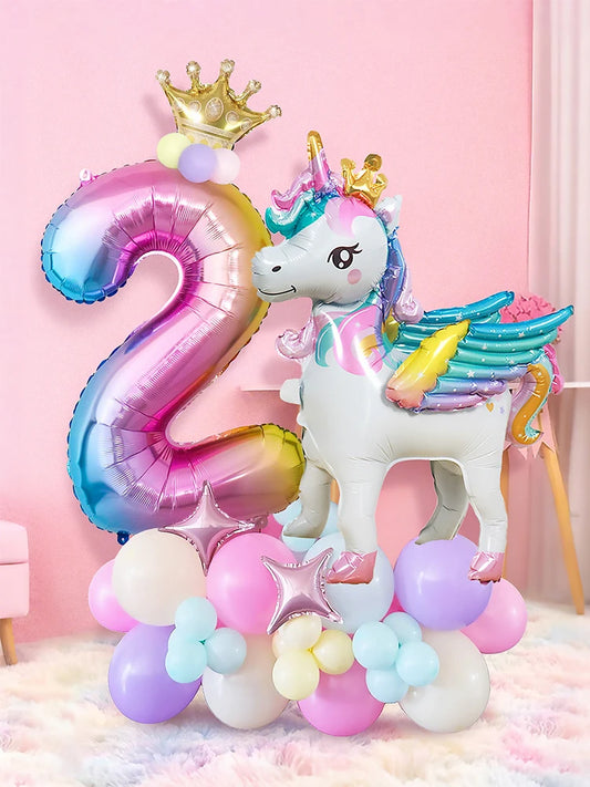 1/33PCS Unicorn Rainbow Birthday Balloons – 0-9 Number Balloons & Colorful Unicorn-Themed Decorations for Birthday, Baby Shower & Room Decor