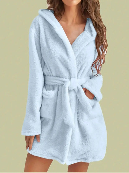 Women’s Hooded Fleece Robe – Solid Color Cozy Warm Bathrobe with Belt for Autumn & Winter Home Wear