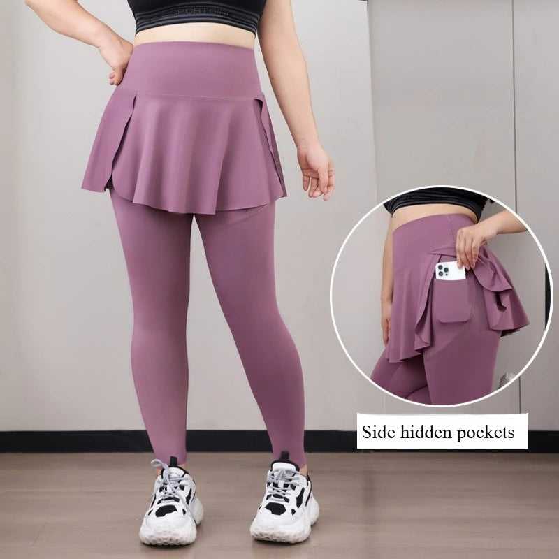 Plus Size Women's 2-in-1 Skirted Leggings – High-Waist Yoga & Training Pants with Pockets, Sharkskin Fabric & Faux Two-Piece Design