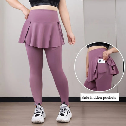 Plus Size Women's 2-in-1 Skirted Leggings – High-Waist Yoga & Training Pants with Pockets, Sharkskin Fabric & Faux Two-Piece Design