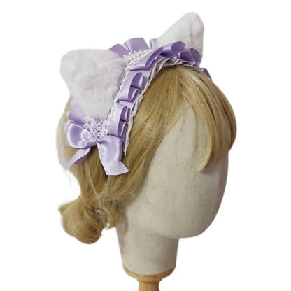Cute Anime Lolita Cat Ear Headband, Plush Animal Ears with Ruffled Lace, Ribbon Bow and Bell, Kawaii Cosplay Hair Hoop for Masquerade, Costume Parties, and Daily Wear