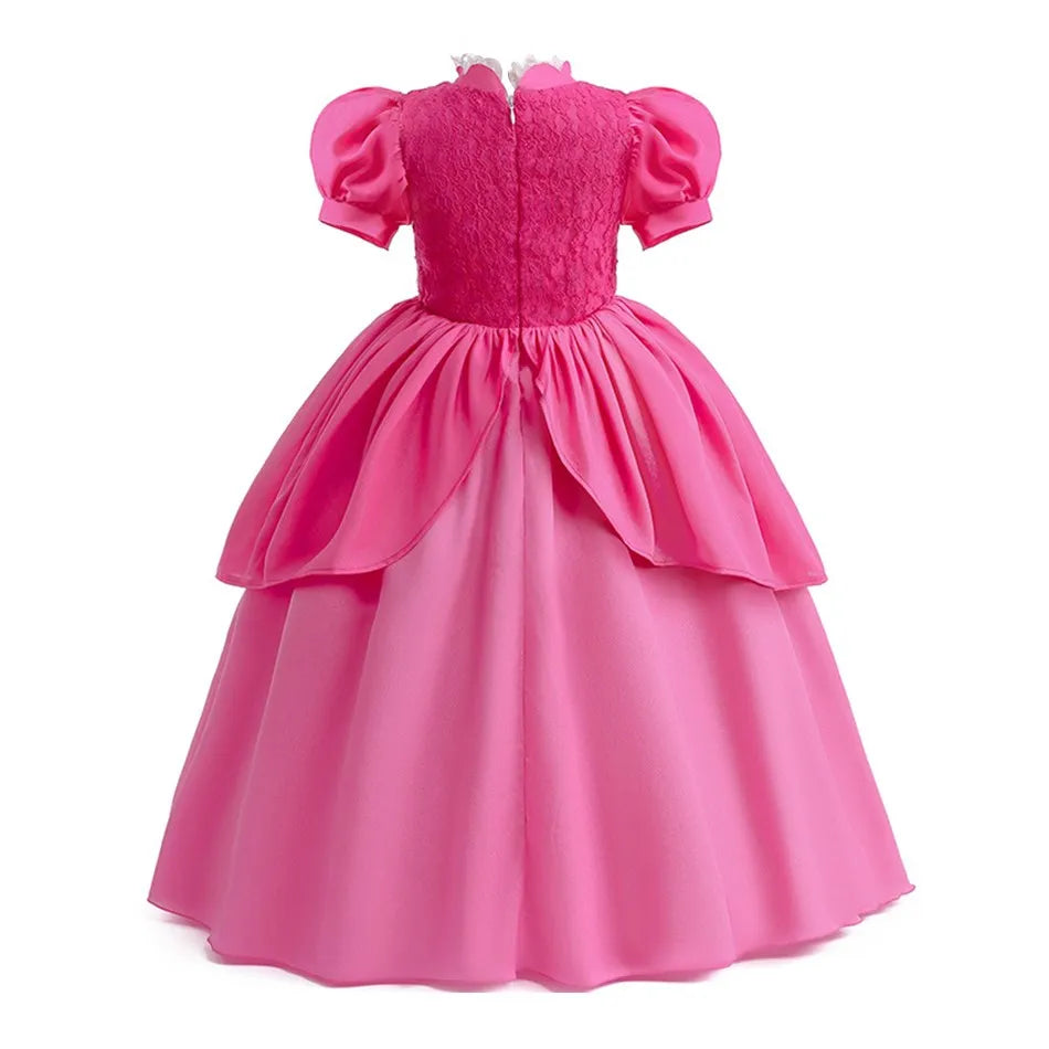Princess Peach Cosplay Dress – Bubble Sleeve Princess Costume for Kids, Summer Halloween & Christmas Party Outfit