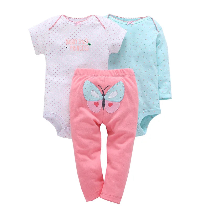 3PCS Baby Bodysuit Set – Soft Cotton Long & Short Sleeve Infant Rompers with Comfortable PP Pants for Baby Boys & Girls