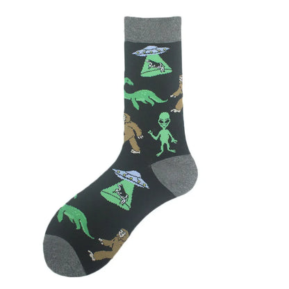 Funny Cotton Novelty Crew Socks – Alien, Planet, Shark, Dinosaur, Skateboard & Math Designs for Men & Women