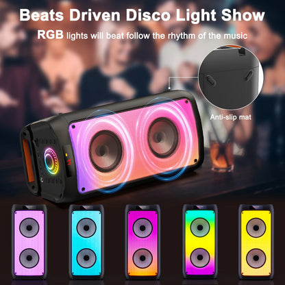 T10-T Wireless Bluetooth Karaoke Speaker – Portable Party Machine with 2 Microphones, LED Lights & Powerful Subwoofer Sound