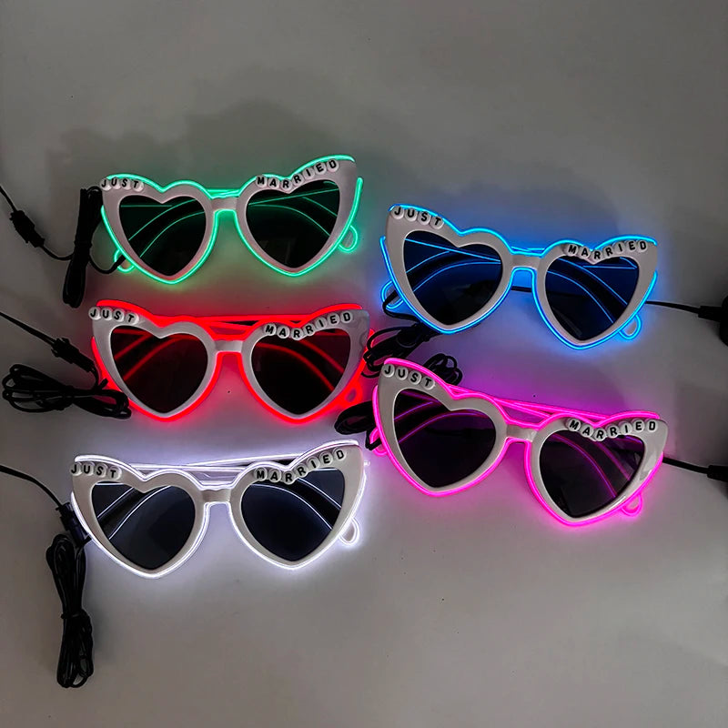 Just Married LED Heart Glasses – Light-Up EL Neon Glasses for Weddings, Engagements & Bridal Showers