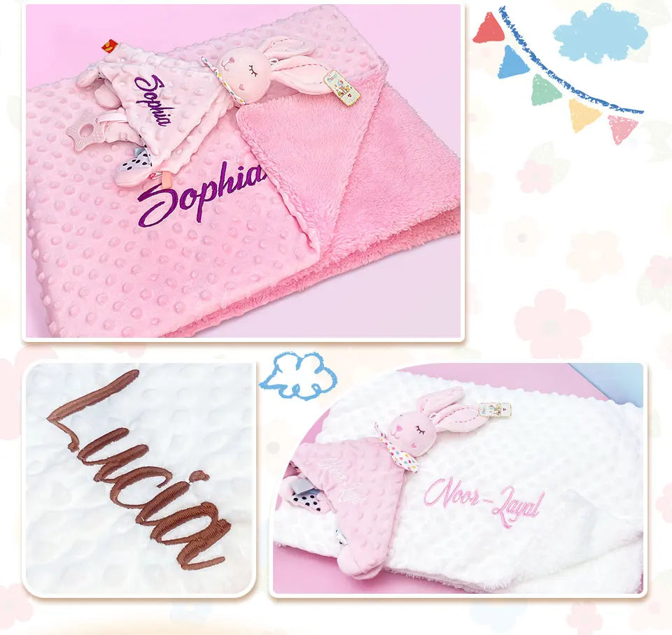Couverture et doudou personnalisés avec prénom de bébé – Ensemble doux en minky à pois, 2-en-1, cadeau de naissance personnalisé pour garçons et filles